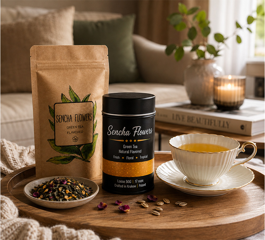 Sencha Flower Leo Tea – dostępne warianty opakowań zielonej herbaty z mango i bergamotką